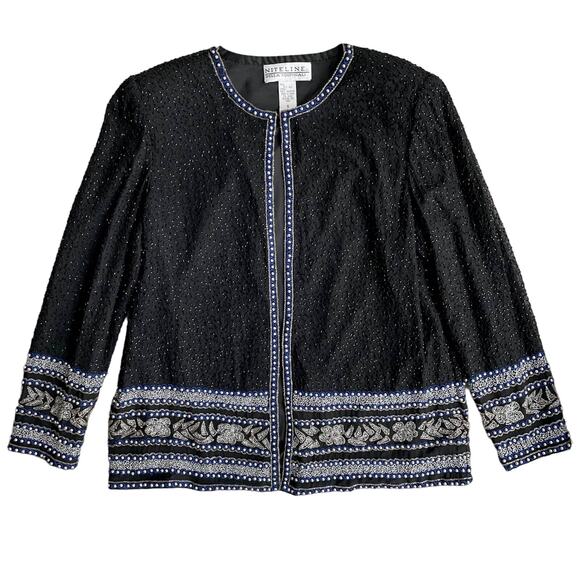 90s Vintage Beaded 100% Silk Evening Jacket Size S Black Blue Party Glam - Picture 2 of 15